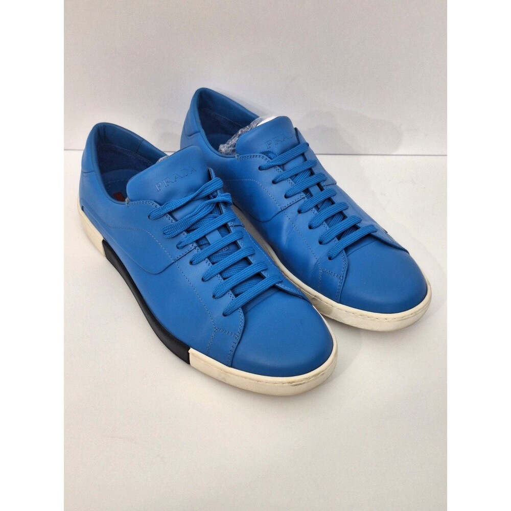 Prada Sport Vitello Leather Designer Sneakers Men's Sz 9 Blue Lace Up Casual